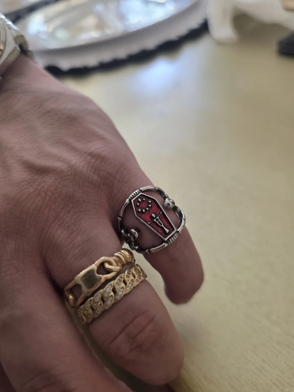 Silver Red Coffin Ring